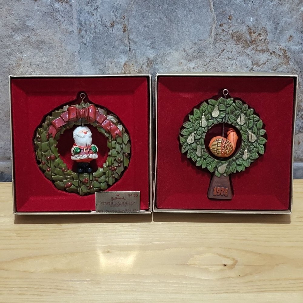 Hallmark Twirl Abouts Santa & Chicken Ornaments 1976 Tree Trimmer Collection Set